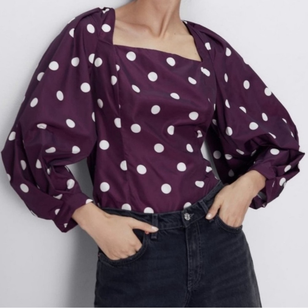 Zara Purple Polkadot Puff Sleeve Square Neck Taffeta Blouse Size Medium